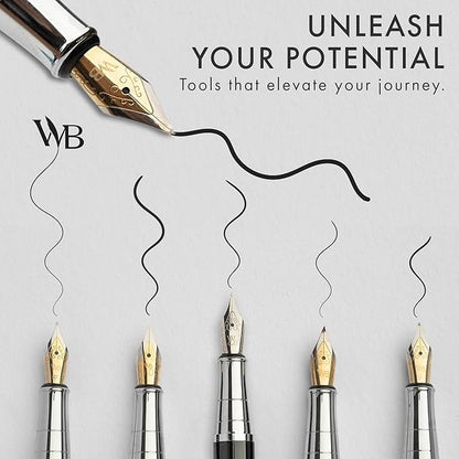 Wordsworth & Black Fountain Pen Gift Set, Includes Bottle, 6 Cartridges, Refill Converter, 4 Replacement Nibs, Premium Package, Journaling, Calligraphy, Smooth Writing Pens [Blue Chrome]