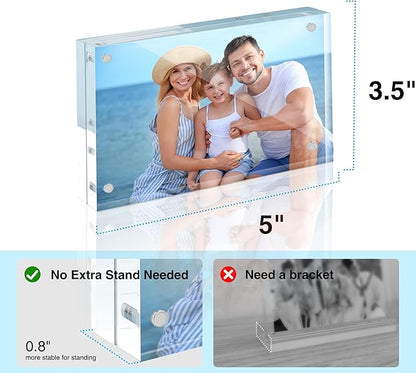HOUSE DAY Acrylic Picture Frames 3.5x5, 1 Pack Magnetic 3.5 x 5 Picture Frame, Double Sided Clear 3.5x 5 Photo Frame with Microfiber Cloth, Frameless FreeStanding 3.5x5 Frame Gift for Desktop Display
