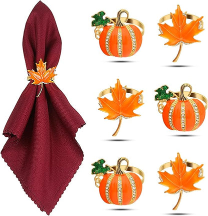 KPOSIYA Fall Napkins Rings, 6 Pcs Thanksgiving Napkin Ring Fall Maple Leaf Napkin Rings and Halloween Pumpkin Napkin Holders for Thanksgiving Table Decorations, Fall Banquet, Holiday Dinner Party