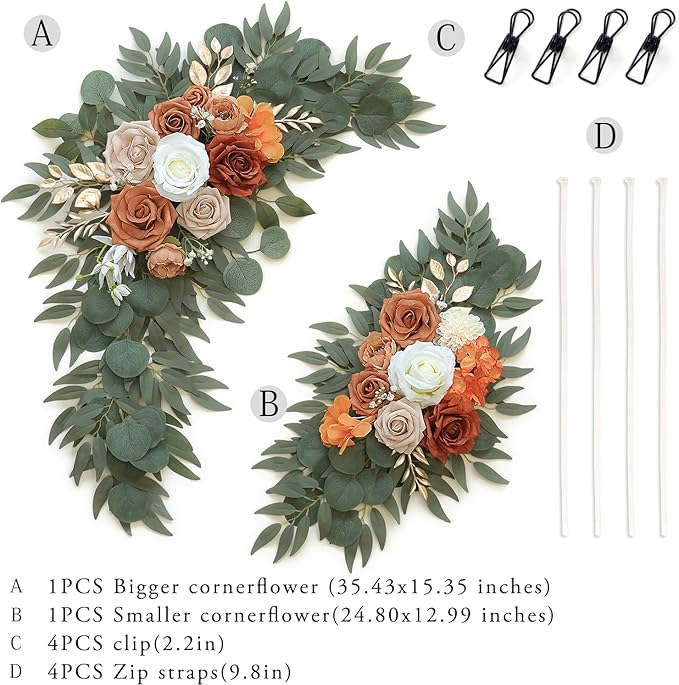 Artificial Flower Swag Set of 2 for Wedding Welcome Signs Floral Decorations, Burnt Orange Wedding Arch Flowers for Wedding Ceremony
