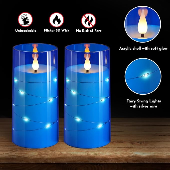NURADA 3"x6"Flickering Flameless Candles: Built-in Star String 3D Wick Battery Operated LED Candles with Remote and Timer for Wedding Valentine's Day Decor, Blue 2 Pack