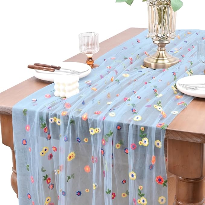 Joanlody Blue Embroidery Daisy Fall Thanksgiving Table Runner Florals Seasonal Tulle Table Runner Holiday Kitchen Dining Table Decoration Wedding Party