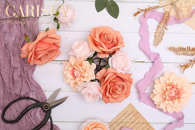 Artificial Flowers Combo, Mix Silk Flowers Roses, Peonies, Dahlias with Stems for DIY Wedding Bridal Bouquets, Baby Shower, Table Centerpieces, Home Decor, Fake Floral Arrangements-Champagne