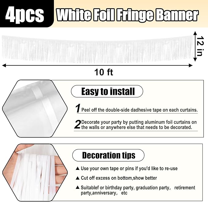 4 Pack 10 Feet White Foil Fringe Garland Metallic Tinsel Streamers Banner Wall Hanging Curtain Backdrop for Parade Floats, Wedding, Graduate, Mother's Day, Birthday Party Decoration