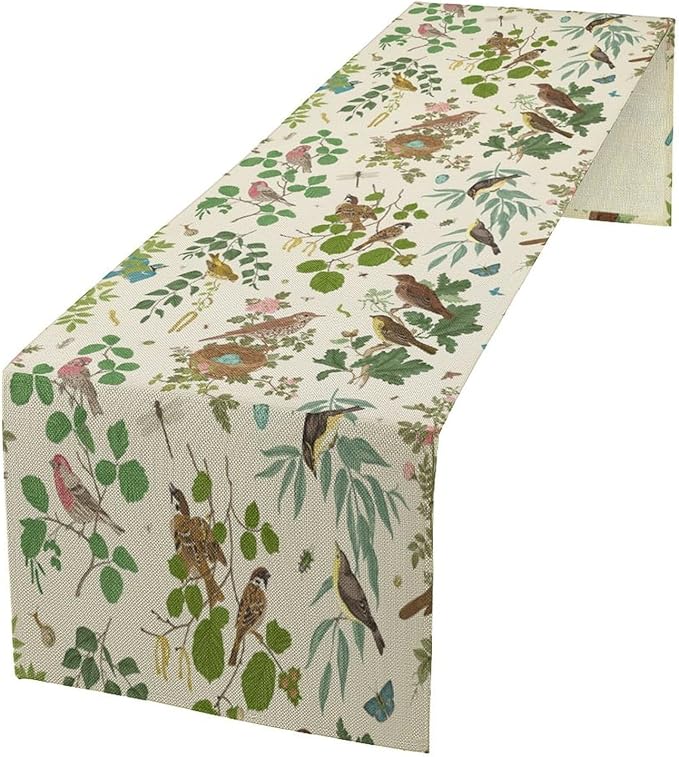 Vintage Bird Flower Table Runner Seasonal Spring Summer Garden Plants Farmhouse Country Kitchen Dining Table Decoration for Home Party Holiday 13"x120"