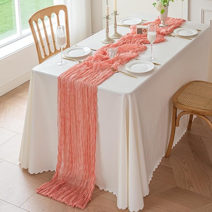 Sioloc 1 Pack Peach Coral Cheesecloth Table Runner Fall Autumn Decor for Home 10ft Table Cloth for Tea Wedding Birthday Party Baby Bridal Shower Halloween Thanksgiving
