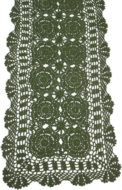KEPSWET Cotton Handmade Crochet Lace Table Runner Olive Green Rectangle Coffee Table Dresser Decor (14x48 inch)