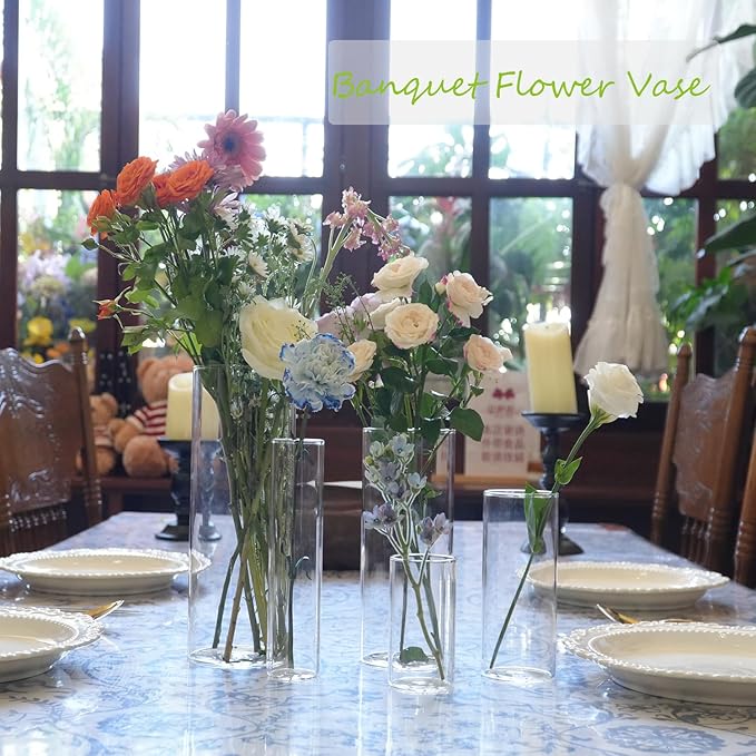 Clear Glass Vase for Centerpieces, 4,6,7.5,8,10 inch Tall Set of 5 Cylinder Flower Vase Bulk Floating Candle Holder for Wedding Table Home Décor and Party