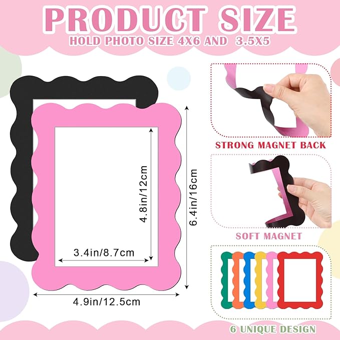 Kingdder 12 Pcs Scalloped Magnetic Picture Frame for Refrigerator 4 x 6 Colorful Reusable Picture Frame Magnets Decorative Photo Holders for Fridge Home School Office Kitchen Locker Decor