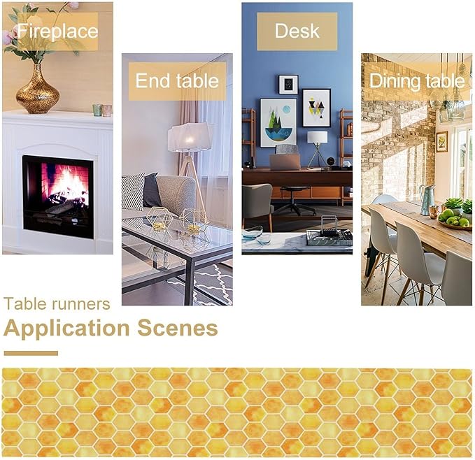Honeycomb Bee Table Runner, Cute Abstract Geometric Yellow Honeycombs Print Table Cover for Kitchen Dining Table Indoor Outdoor Party Decor, 13x70inch