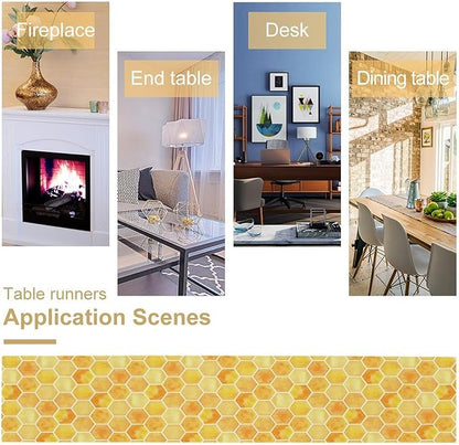 Honeycomb Bee Table Runner, Cute Abstract Geometric Yellow Honeycombs Print Table Cover for Kitchen Dining Table Indoor Outdoor Party Decor, 13x70inch
