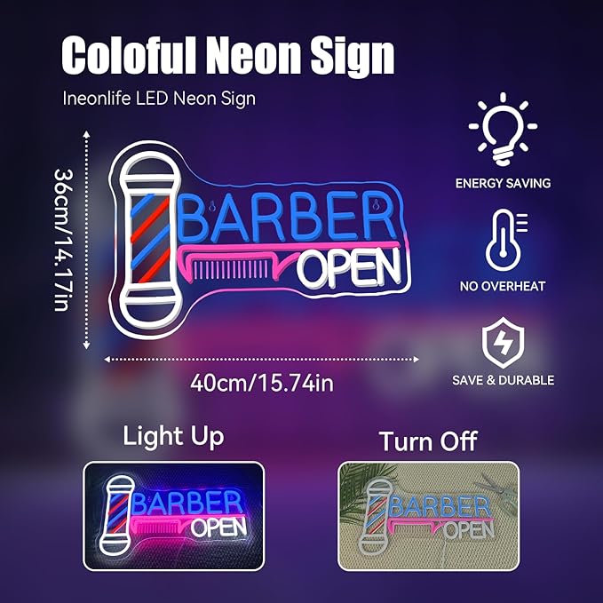 Ineonlife Barber Open Neon Sign Accessories Light Up for Wall Decor Modern Led Sign for barbershop Small Acrylic Art Decor for hair salon make up shop Decorations 15.74x14.17 inch USB POWER
