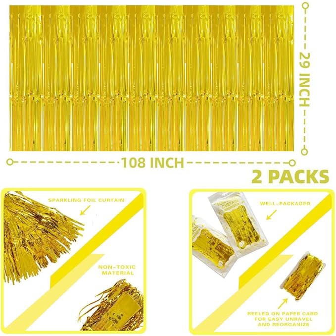 Gold Streamers Party Decorations, 2 Packs Gold Table Skirts Metallic Foil Fringe Tinsel for Birthday Float Parade Mardi Gras Graduation Party Supplies -29x108Inch