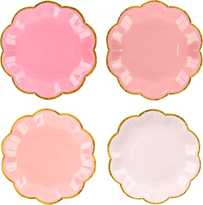 Pink Party Plates Gradient Pink Dessert Paper Plates 7inch Gold Foil Scalloped Edge Disposable Cake Plates for Tea Party Birthday Bridal Baby Shower Wedding Party Supplies (24)