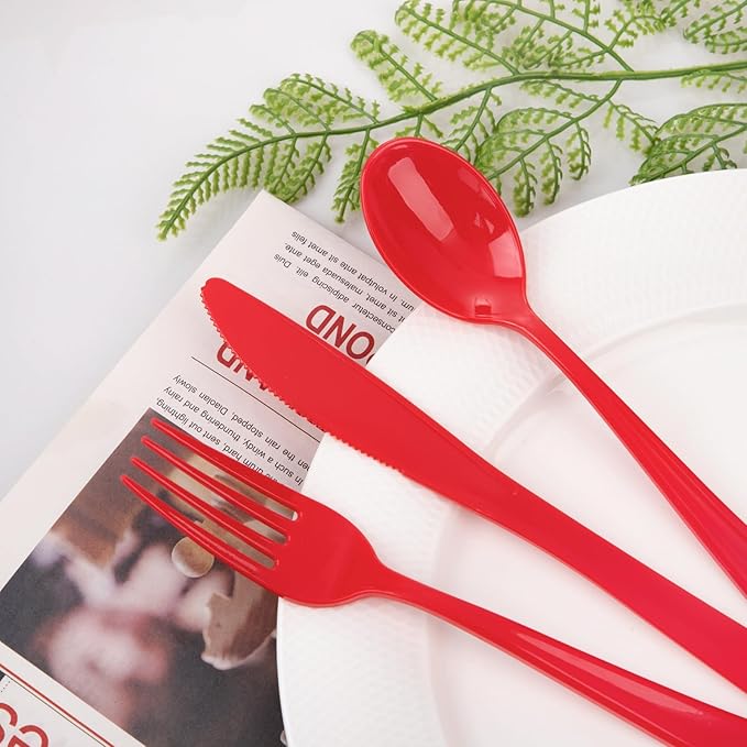 WDF 160 Piece Heavy Duty Silverware - Red Plastic Utensils with 80 Forks, 40 Spoons, 40 Knives - Perfect for Christmas Parties & Daily Use