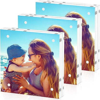 HELPLEX 3 Pack 5x5 Acrylic Picture Frames, 20mm Thicker Frameless Clear Double Sided Magnetic Frames, Free Standing Desktop Display Stands, 5x5