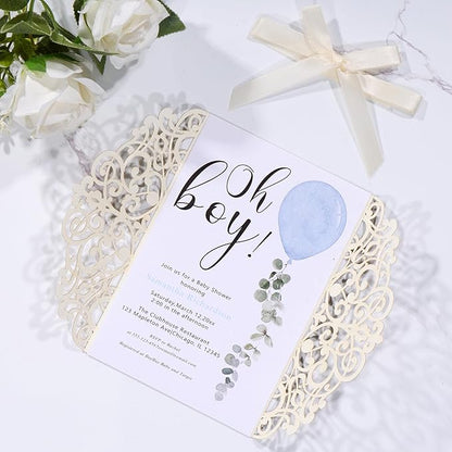 50Pcs Sliver Glitter Wedding Invitations with Envelopes and Rsvp Cards Ribbons Laser Cut Invitation Blank Inner Sheet Pearl Paper Tarjetas de Invitación Para Boda XV Anos Quinceañera Wedding Invite