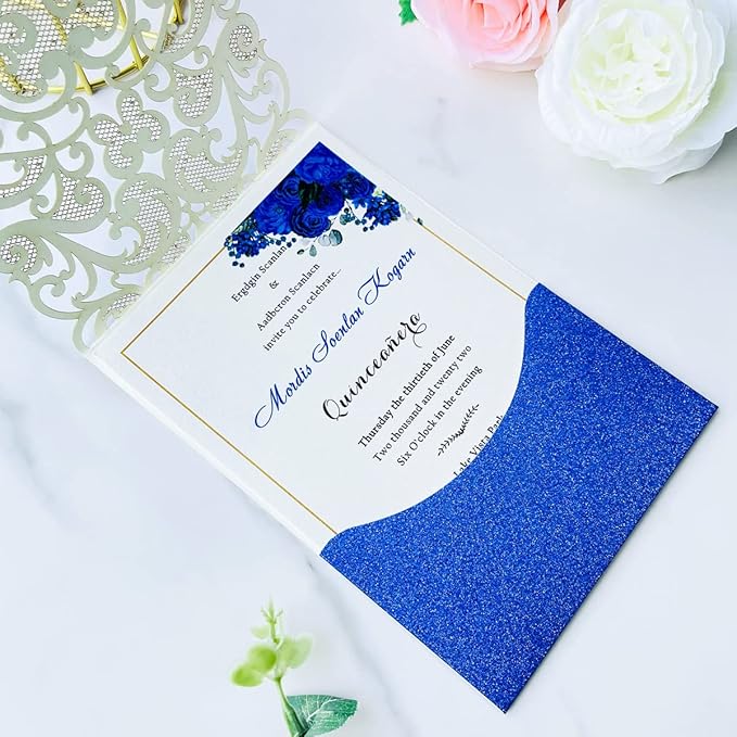 Hosmsua 50pcs Personalized Wedding Invitation Kit 5.12 x 7.3 Inch Royal Blue Laser Cut Flora Rehearsal Wedding Invitations with Envelopes for Quinceañera Bridal Shower Invite