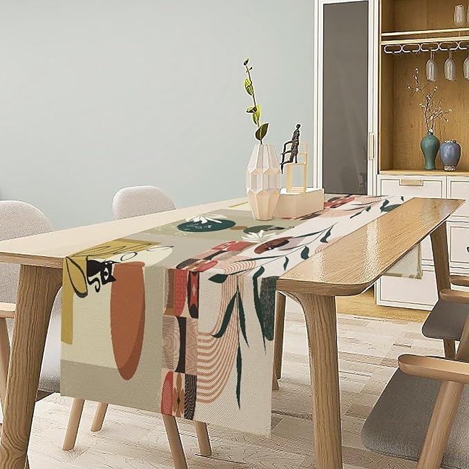 Mid Century Table Runner,Abstract Boho Plant Leaf Botanical Cat Modern Geometric Pattern Print Burlap for Hotel Indoors Outdoor Dining Room Kitchen Home Decor, 13x36in