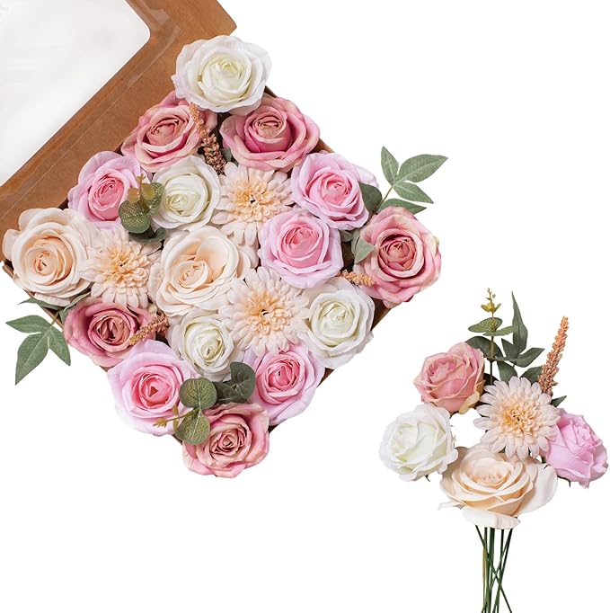 FANKO Rose Artificial Flowers Combo for DIY, Fake Pink Rose Artificial Silk Flowers with Greenery, Real Looking Artificial Faux Flowers for Wedding, Table Decoration, Centerpieces, Party, Home Décor