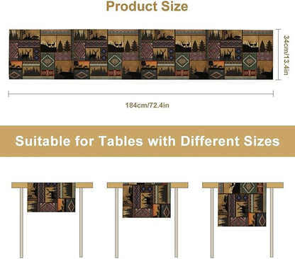 Rustic Cabin Bear Aztec Table Runner, Retro Brown Bear Rustic Theme Geometry Decoration for Home Dinner Party Living Room Bedroom Table Runner 13x70 Inch