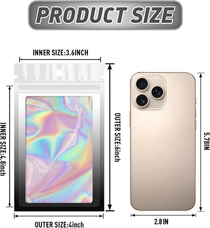 Funfery 100 Pack Gradient Holographic Bags,Resealable Bags with Zipper,Clear Window Packaging Pouchs,Foil Bag for Food Storage,Sample Jewelry Bag(4×6In,White Black)