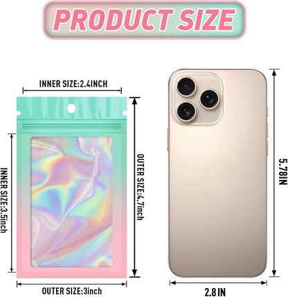 Funfery 100 Pack Gradient Holographic Bags,Mylar Resealable Bags with Zipper,Clear Window Packaging Pouchs,Smell Proof Foil Bag for Food Storage,Sample Jewelry Baggies(3×4.7In,Green Pink)