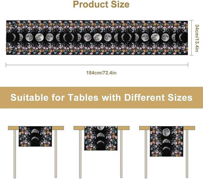 Boho Floral Moon Table Runner, Spring Flower Leaves Mystical Gothic Sun Moon Table Runner for Kitchen Dining Table Home Party,13x60 Inch Purple