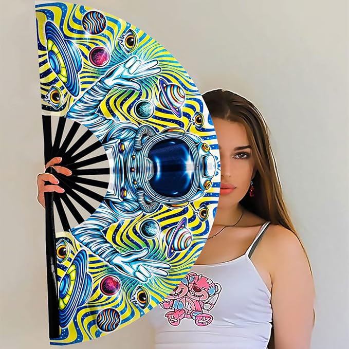 13" Large Rave Fan Bamboo, Folding Clack Hand Fans Foldable for Men Women, Boots on the Ground Poping Fan for EDM Festival Line Dance Decoration, (Space, Large 13")