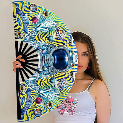 13" Large Rave Fan Bamboo, Folding Clack Hand Fans Foldable for Men Women, Boots on the Ground Poping Fan for EDM Festival Line Dance Decoration, (Space, Large 13")