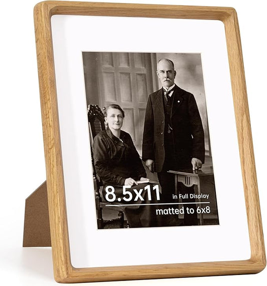 8.5x11 Picture Frame USA-Sourced Natural White Oak Wood Solid Original Wood Photo Frame Handcrafted Rounded Corner with Mat to 6x8 Picture Display with Real Glass Famil Photo, Certificate