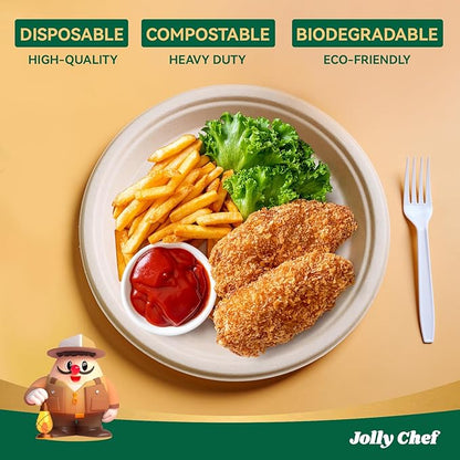 JOLLY CHEF Compostable Heavy Duty Plates 𝟭𝟬 𝗜𝗻𝗰𝗵 [𝟭𝟮𝟱 𝗣𝗮𝗰𝗸] Eco-Friendly Disposable Paper Plates Made of Bagasse Biodegradable Bulk for Party Dinner Sugarcane Fibers Round (Natural)