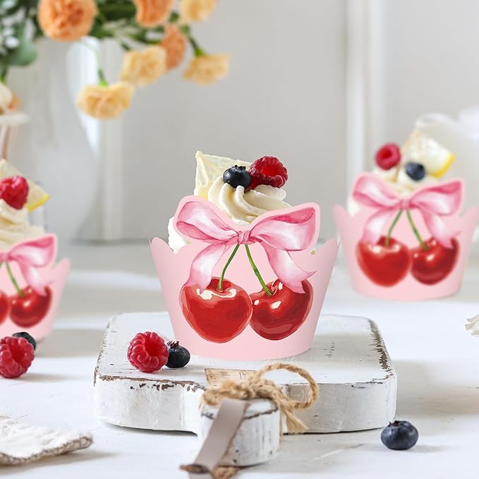 36Pcs Pink Bow Cherry Cupcake Wrappers Pink Red Bowknot Cherry Cupcake Liners Sweet Decorative Dessert Holders for Birthday Baby Shower