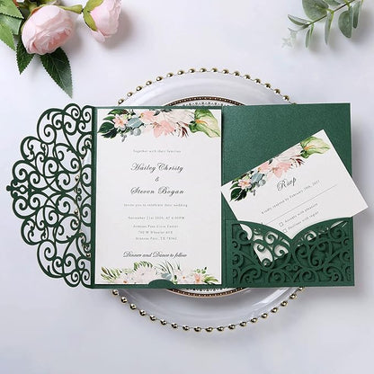 PONATIA 5.12 x 7.2 Emerald Green Laser Cut Invitation Cards, 20PCS Tri-Fold 5 x 7 Trifold Wedding Invitation Cards Pockets with Envelopes for Wedding Bridal Shower Engagement Birthday Quinceanera