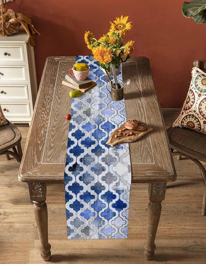 Blue Morocco Plaid Cotton Linen Table Runner for Dining Kitchen, Wedding Outdoor Party Tablerunners Decoration, Distressed Abstract Painted Vintage Dresser Scarf Coffee Tablecloth Runners 13x36 Inches