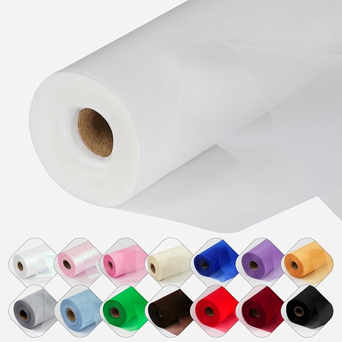 Crystal Organza Fabric Tulle 11 Inch by 50 Yards Sheer Tulle Rolls for DIY Craft Wedding Party Baby Shower Decor Gift Wrapping Party Supplies (White)