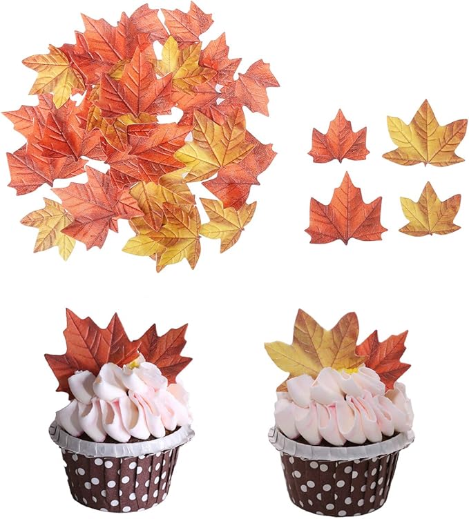 GEORLD Edible Fall Leaves Set of 48 Cake Decorations, Autumn Cupcake Topper 2 Colors