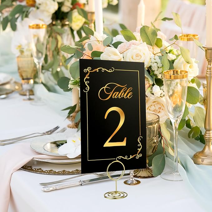 Black Gold Wedding Table Numbers 1-20 With 21 Gold Holders - Set of 21 Table Cards for Wedding Reception
