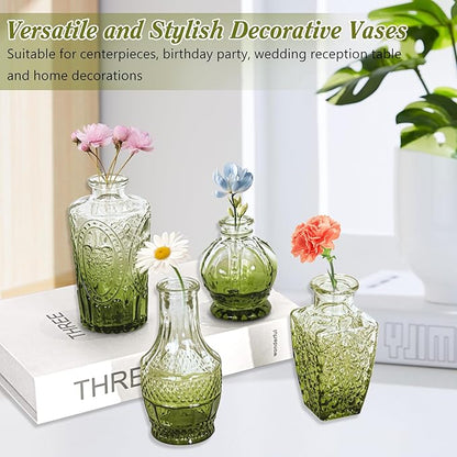 Set of 40 Glass Bud Vases, Small Green Glass Vases in Bulk, Mini Vintage Embossed Flower Vase for Wedding, Centerpieces, Birthday Party, Baby Shower, Home Table Decorations (Green)