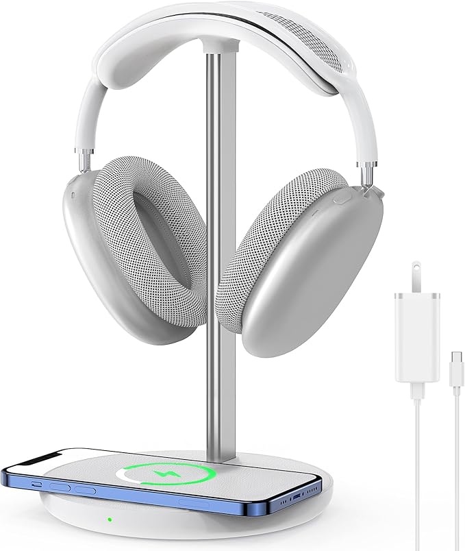 Headphone Stand with Wireless Charger, Gaming Headset Holder Hanger Rack 2 in 1 Wireless Charging Station Dock for iPhone 15/14/13/12/11 Series, AirPods Pro/3/2 and Desk All Headphones, White