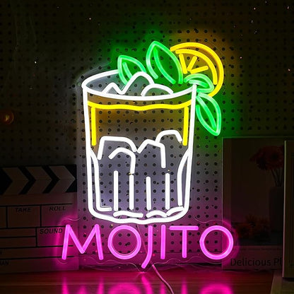 Mojito Neon Sign Mojito Cocktail Neon Light for Wall Decor Dimmable LED USB Powered Mojito Light Up Sign for Bar Club Party Home Bar Man Cave Living Room （16.7 * 12.8In）