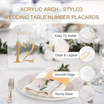 Wedding Table Numbers 1-20 Clear Acrylic Seating Number Signs for Weddings Reception Anniversary Party Decor Seat Number for Tables with Elegant Gold Lettering
