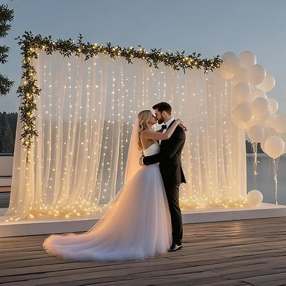 10×10ft Tulle Backdrop Curtains with Lights String - 300LED Fairy Lights Sheer Curtain Backdrop for Weddings Baby Shower and Birthday Party Decorations(2 Panels 5×10ft)