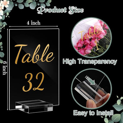 40 Pack Gold Acrylic Wedding Table Numbers 1-40 Clear Stand with Calligraphy Holders - 4 x 6 Inch Acrylic Table Signs for Wedding Reception Centerpieces