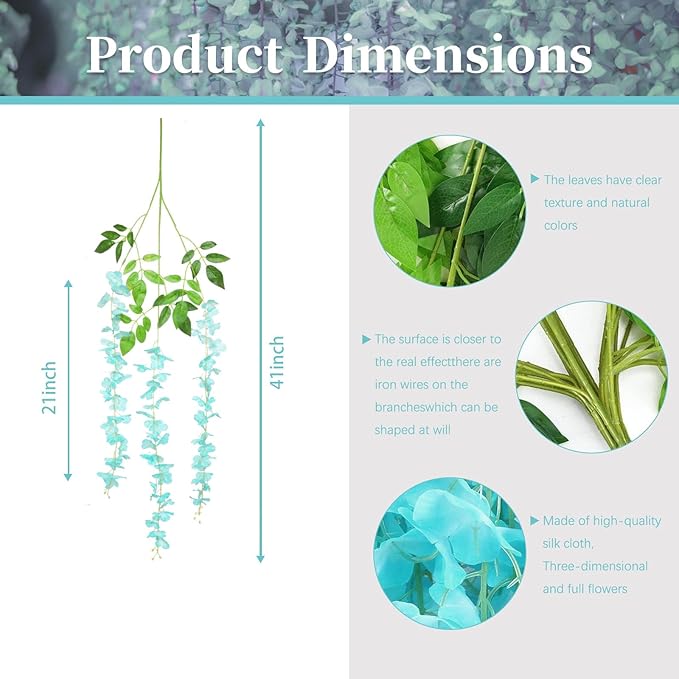 12 Pack Teal Wisteria Hanging Flowers, 3.44 Ft Fake Hanging Flowers, Artificial Wisteria Garland Vines for Wedding Room Backdrop Outdoor Patio Garden Decoration