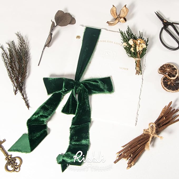 Ribbli Forest Green Velvet Ribbon 1.5 Inch Handmade Frayed Vintage Christmas Ribbon for Gift Wrapping Christmas Tree Ornament Wreath Craft Home Decor -Total 3 Yards with Wooden Spool