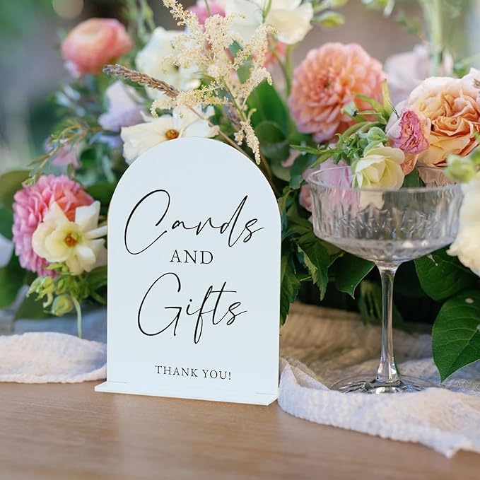 White Arch Acrylic Wedding Sign- 5"x7" Cards and Gifts Sign and Base,1/8" Thick | Modern Calligraphy Arched Acrylic Table Sign for Wedding & Event Party