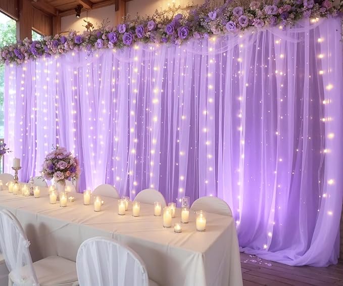 Lavender Tulle Backdrop Curtain with Led Lights for Wedding Baby Shower Girls 10ft X 8ft Lilac Lavender Sheer Backdrop Curtain for Birthday Party Bridal Shower Photoshoot Background Decorations