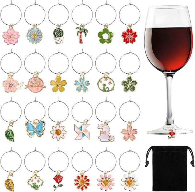SANNIX Spring Floral Wine Charms - 24pcs Stem Glass Charms for Wine Tasting Party Decorations