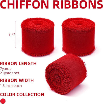 3 Rolls Red Handmade Chiffon Ribbon,1.5" x 21Yd Frayed Fringe Silk Ribbons (3 Rolls *7Yd) for Gifts Wrapping, Wedding Invitations, Bridal Bouquets, Decorations